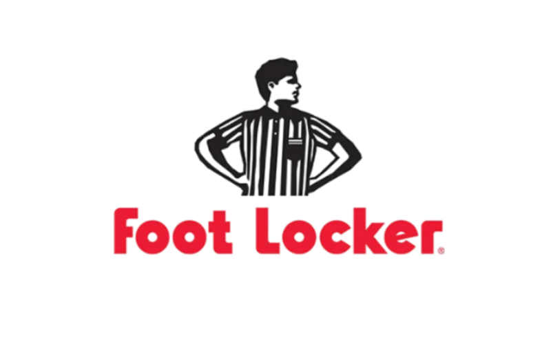 Foot Locker logo with a cartoon illustration of a person in a striped shirt standing with hands on hips.