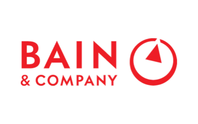 Red text that reads 'Bain & Company' with a pie chart graphic to the right.