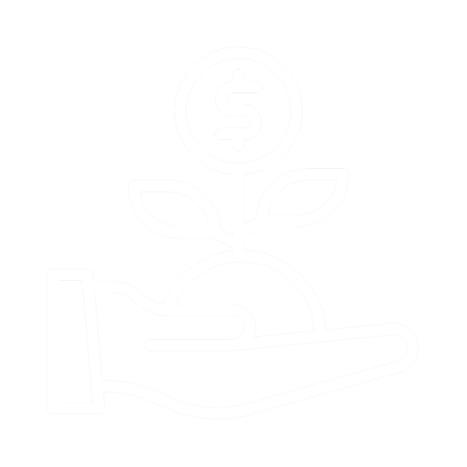 Line drawing of a hand holding a small plant with leaves, with a coin featuring a dollar sign above it, symbolizing investment or financial growth.